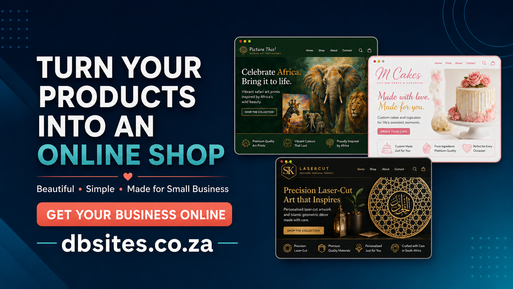 DBSites promotional preview showing examples of small business online shops
